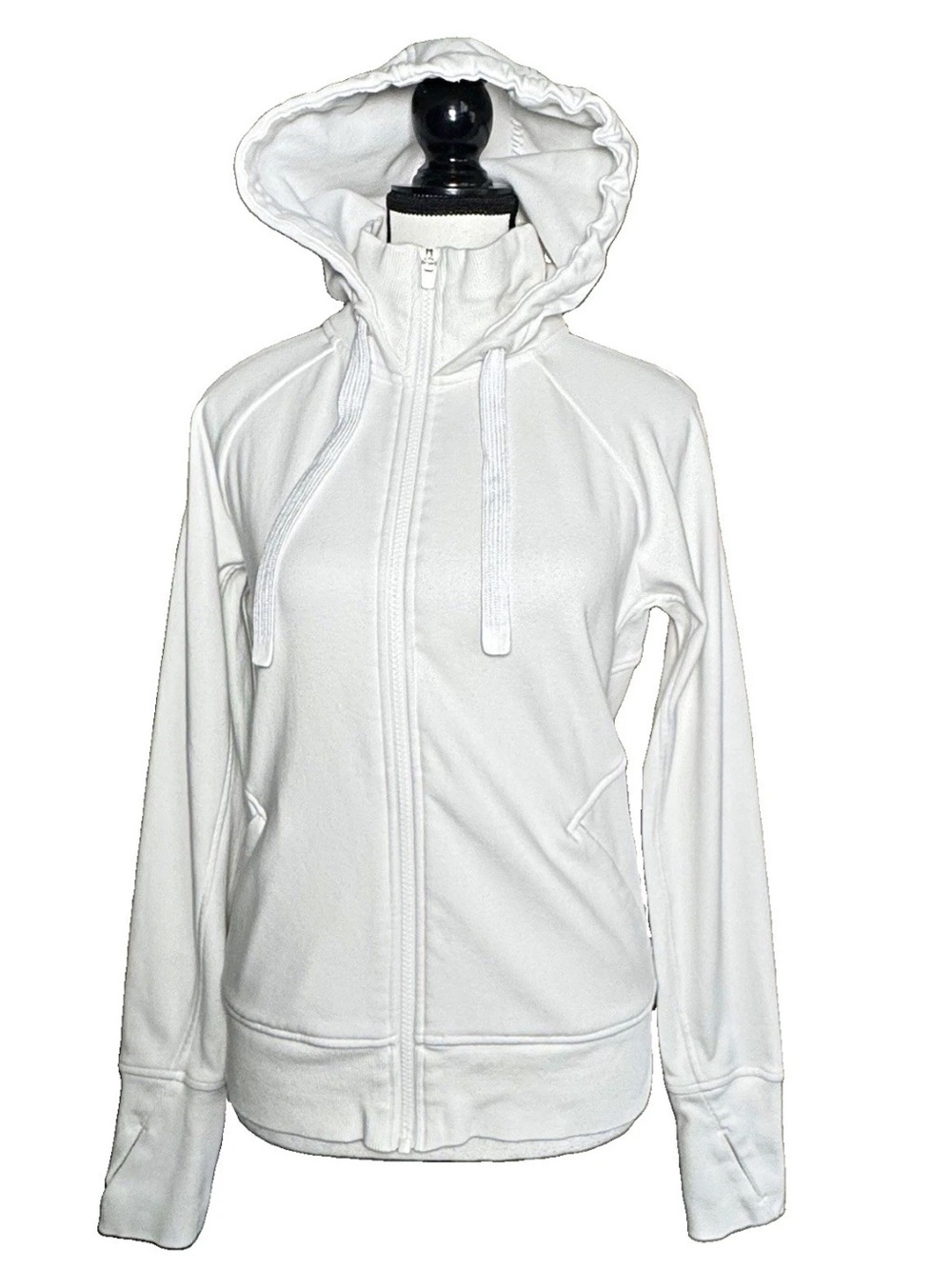 Athleta Triumph Full Zip Hoodie Sweatshirt Medium Petite White Fleece Thumbhole